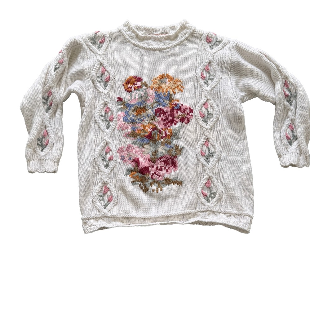 Vintage Canary Collection Island Floral Knit Sweater White Ramie Cotton Sz M - Picture 7 of 7